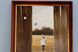 Upper left detail of Thomas Kerry painting: dark wood frame, barn facade, and blue balloon.