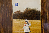 Thomas Kerry painting detail: girl in white dress, blue balloon, barn wood frame.
