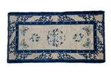 Antique Peking rug runner, ivory field, cobalt and sky blue roundel medallion, corner spandrels, 2x3'10