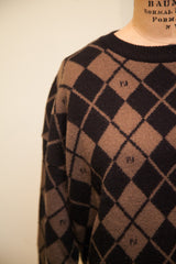Vintage Fendi argyle sweater with repeating FF logo pattern in brown and black.