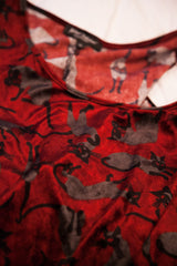 Vintage Betsey Johnson burgundy velvet dress fabric with black cat pattern.