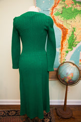Full back of a vintage 60s Betsey Johnson emerald green textured dress.