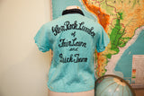 Vintage 50s light turquoise bowling shirt, 'Glen Rock Lumber' black embroidery on back.
