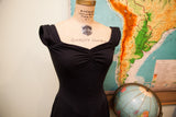 Vintage Betsey Johnson black dress, ruched shoulder and sweetheart neckline.