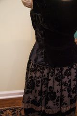 Black velvet top detail and floral rose pattern skirt with light fringe.