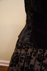 Luxurious black velvet top meeting vintage 50s skirt with rose pattern.
