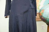 Navy blue 1920s day dress skirt with geometric pleats and angled Art Deco panel.
