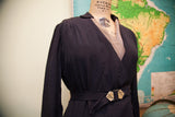 Vintage 1920s navy day dress with original Art Deco geometric belt buckle.