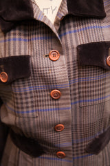 Vintage Miss O dress with brown plaid, blue lines, velvet collar, and buttons.