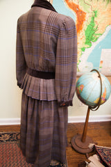 Collectible Miss O vintage dress with pleated peplum, brown and blue plaid skirt.