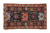 Antique Senneh rug mat with multi-medallion Harshang design in navy, madder red, powder blue. 1'9