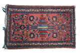 Vintage Mehriban rug, pale raspberry red, polychromatic medallion with checkered blossoms, serpent borders, 2'4