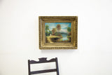 Cottage on the Lake oil painting, serene autumn landscape in ornate gold frame.