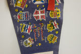Blue felt flag with colorful Canadian provincial crests and scattered starbursts.