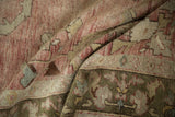 Distressed vintage Oushak runner detail: abrash, faded blush, olive, beige geometric floral motifs.
