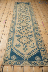 Vintage Distressed Dosemealti runner with beige and blue geometric motifs and hook latch border.