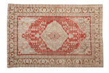 Vintage distressed Kayseri rug with a cherry red scalloped medallion, ivory field, and copper-toned borders.