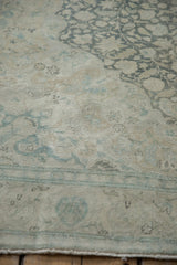 Softly distressed texture of a vintage Kayseri carpet's low pile in dusty teal, silver, and ivory.