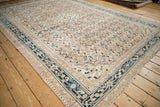 Distressed vintage Hamadan rug border and Herati field in blush, navy, and sand tones.