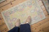Distressed Oushak mat with a softened lime green field and tropical palmette motifs.