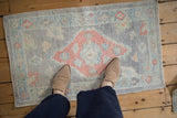 Distressed Oushak rug with faded grey-blue, coral-pink diamond medallion, and soft floral motifs.
