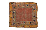 Antique Caucasian square rug, dusty ruby red field, wide beige pinwheel border, significant foundation wear, 2'10