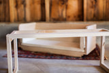 Handmade white maple sidecar showing its separate upper portion and detachable lower frame.