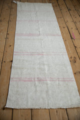 Hand woven vintage Turkish hemp kilim runner featuring subtle banded platinum and blush stripes.