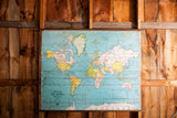 Vintage 1930s Vito Graphic pull-down canvas world map, blue oceans, yellow landmasses. 52x38.