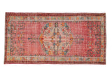 Vintage Distressed Oushak runner, pale raspberry red field, multi-color floral medallion, 3'2