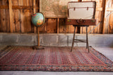 Early 20th century antique Malayer tribal rug, cranberry field, geometric design, patina, 4'5
