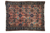 Antique Mehriban rug: rose background, palmette-Herati pattern, sapphire blue, copper, mostly even wear.