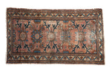 Antique Mehriban rug, dusty plum field with faded medallions, vinery, sapphire blue and ivory.