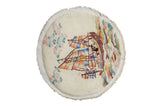 Hand-knotted Chinese Art Deco round rug with pictorial sailing ships, ivory, gold, sky blue.