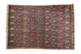 Vintage Persian Farahan Sarouk mat, repeating boteh in staggered rows, navy, brick red, teal, 1'8