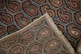 Vintage Farahan Sarouk rug's hand-knotted foundation, fringe, and colorful repeating boteh pattern.
