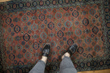 Antique Bibikabad rug's rich copper field, showing Veramin floral lattice and vibrant abrashes.