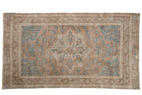 Distressed vintage Turkish Sparta rug, ochre and turquoise floral patterns, starburst medallion, 4x7.5.