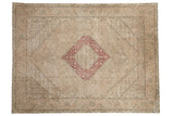 Distressed vintage Turkish Tabriz carpet with raspberry hexagonal medallion and Herati field, 8'5