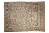 Vintage distressed Turkish Tabriz design carpet, ornate medallion, faded ivory, brown, and pale turquoise.