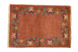 Antique Chinese Art Deco rug mat, dusty copper with gold, mint, sky blue scrolling floral border, 2' x 2'10