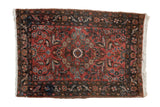 Hand knotted Vintage Dargezine rug mat, dusty rose allover floral medallion, navy border, 2x2'11