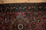 Vintage Dargezine rug's expressive arabesque leaf and floral main border in dusty rose and navy.