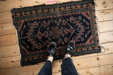 Antique Mehriban rug corner, tattered fringe, ram's horn, Laleh Abbasi border.