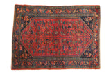Fine hand-knotted Persian Lilihan rug, raspberry red tree of life, navy blue corners, 3'6