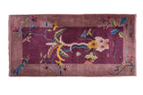 Antique Chinese Art Deco runner, intricate pictorial aubergine plant motif, colorful, 2' x 4'.