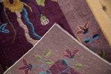 Antique hand-knotted Art Deco runner, folded corner shows aubergine pictorial plant and woven back.