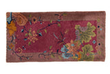 Antique Art Deco hand-knotted runner with pictorial lotus, large leaves in red, gold, blue. 2' x 3'11