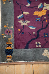 Antique Chinese Art Deco rug corner, deep violet field, original selvage, machine-bound end.
