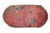 Antique Chinese Art Deco oval rug runner, dusty blush and red pictorial landscape with blues and greens.